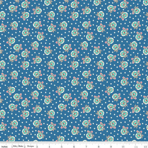 SALE Home Town Lewis C13585 Denim by Riley Blake Designs - Floral Flowers Stars - Lori Holt - Quilting Cotton Fabric