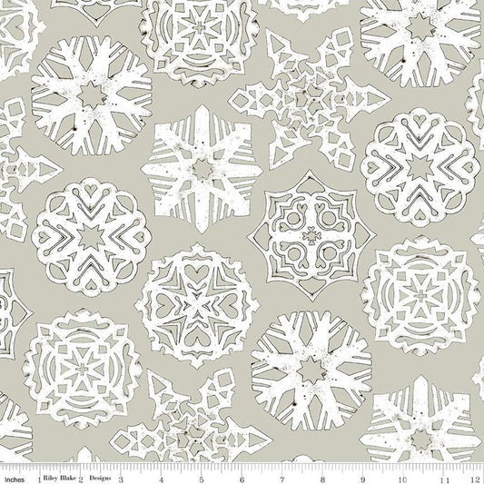 18" End of Bolt - DEAL White as Snow Snowflakes C13564 Gray - Riley Blake - Christmas White Cutout Snowflakes on Gray - Quilting Cotton