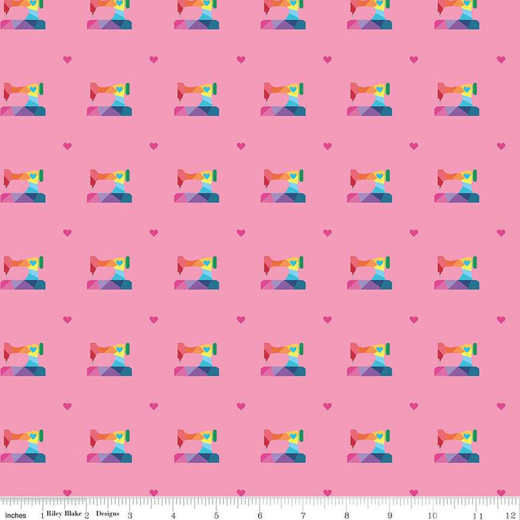 CLEARANCE Make Sewing Machines C13422 Hot Pink by Riley Blake  - Hearts Rainbow Sewing Machines - Quilting Cotton