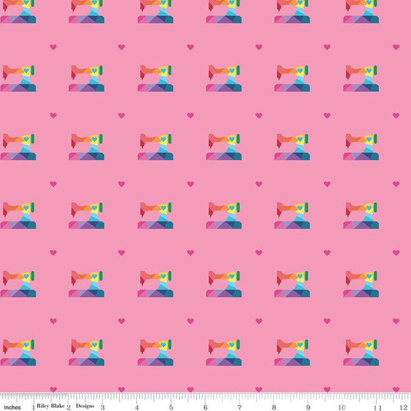 CLEARANCE Make Sewing Machines C13422 Hot Pink by Riley Blake  - Hearts Rainbow Sewing Machines - Quilting Cotton