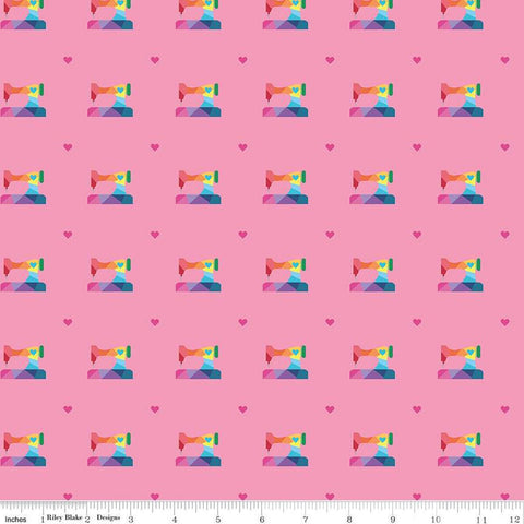 CLEARANCE Make Sewing Machines C13422 Hot Pink by Riley Blake  - Hearts Rainbow Sewing Machines - Quilting Cotton