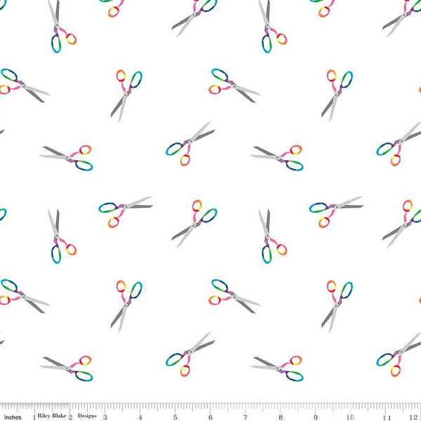 CLEARANCE Make Snip Snip C13423 White by Riley Blake  - Rainbow Scissors - Quilting Cotton