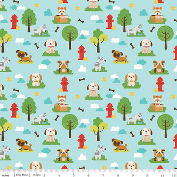 SALE Pets Dogs C13650 Aqua - Riley Blake Designs - Children's Dogs Trees Clouds Balls Fire Hydrants Bones  - Quilting Cotton Fabric
