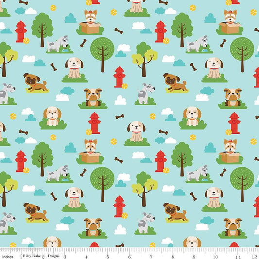 SALE Pets Dogs C13650 Aqua - Riley Blake Designs - Children's Dogs Trees Clouds Balls Fire Hydrants Bones  - Quilting Cotton Fabric