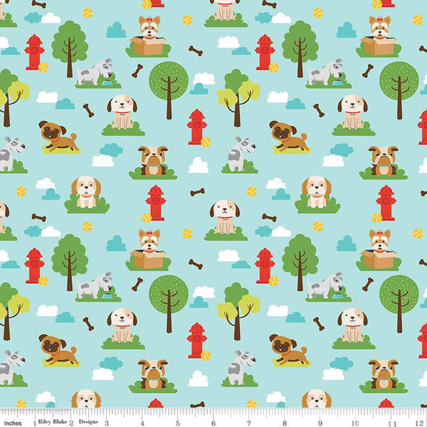 Pets Dogs C13650 Aqua by Riley Blake Designs - Children's Dogs Trees Clouds Balls Fire Hydrants Bones  - Quilting Cotton Fabric