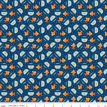 Pets Goldfish C13655 Navy - Riley Blake Designs - Children's Fish Dots - Quilting Cotton Fabric
