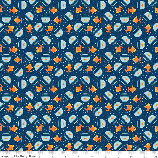 Pets Goldfish C13655 Navy - Riley Blake Designs - Children's Fish Dots - Quilting Cotton Fabric
