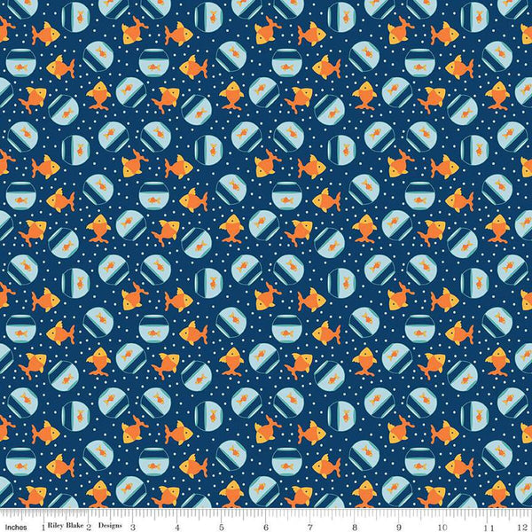 Pets Goldfish C13655 Navy by Riley Blake Designs - Children's Fish Dots - Quilting Cotton Fabric