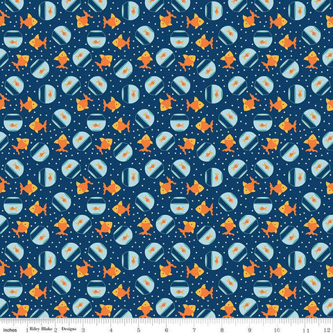 SALE Pets Goldfish C13655 Navy by Riley Blake Designs - Children's Fish Dots - Quilting Cotton Fabric