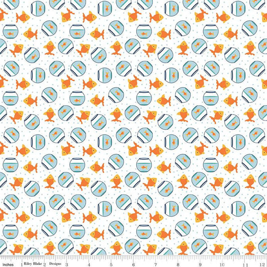 SALE Pets Goldfish C13655 White - Riley Blake Designs - Children's Fish Dots  - Quilting Cotton Fabric
