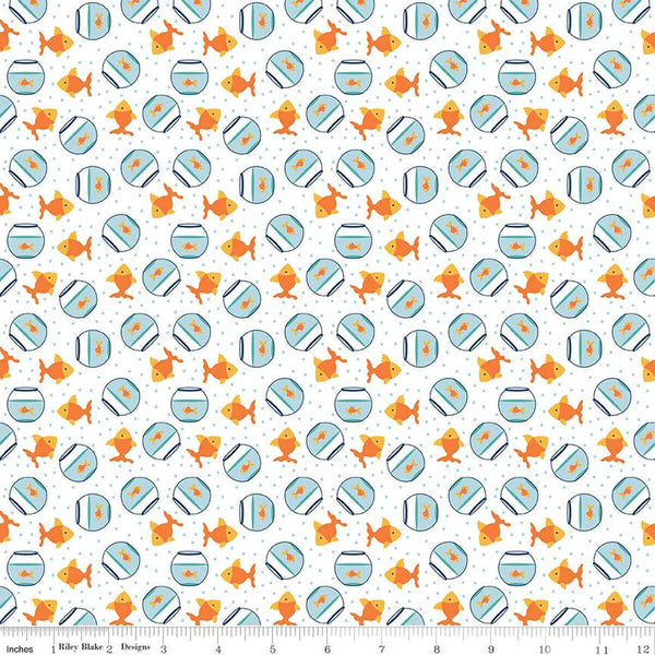 SALE Pets Goldfish C13655 White - Riley Blake Designs - Children's Fish Dots  - Quilting Cotton Fabric