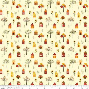 SALE Fall's in Town Village C13512 Cream by Riley Blake Designs - Thanksgiving Autumn Houses Trees Leaves Flowers - Quilting Cotton Fabric
