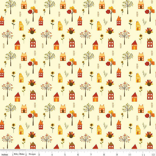 SALE Fall's in Town Village C13512 Cream by Riley Blake Designs - Thanksgiving Autumn Houses Trees Leaves Flowers - Quilting Cotton Fabric