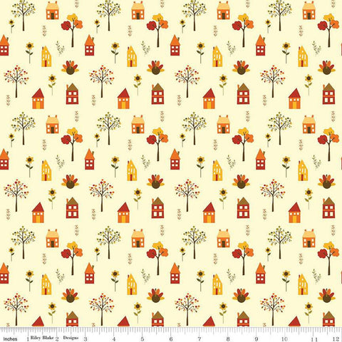 Fall's in Town Village C13512 Cream by Riley Blake Designs - Thanksgiving Autumn Houses Trees Leaves Flowers - Quilting Cotton Fabric