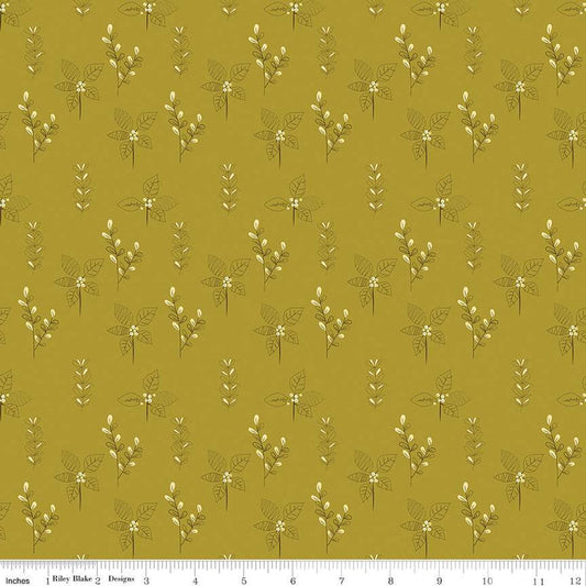 33" End of Bolt - DEAL Fall's in Town Drawing C13513 Green - Riley Blake Designs - Thanksgiving Autumn Leaves - Quilting Cotton Fabric
