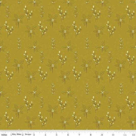 33" End of Bolt - DEAL Fall's in Town Drawing C13513 Green - Riley Blake Designs - Thanksgiving Autumn Leaves - Quilting Cotton Fabric
