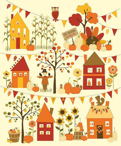 Fall's in Town Panel P13519 by Riley Blake Designs - Thanksgiving Autumn Houses Turkey Pumpkins Scarecrow Owl - Quilting Cotton Fabric