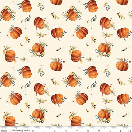 DEAL Shades of Autumn Pumpkins C13471 Cream - Riley Blake Designs - Thanksgiving Fall Acorns Leaves Flowers - Quilting Cotton Fabric