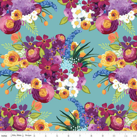 Floralicious Main C13480 Aqua - Riley Blake Designs - Floral Flowers - Quilting Cotton Fabric