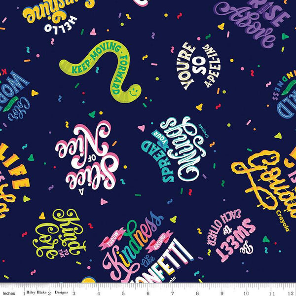 CLEARANCE Colors of Kindness Main C13680 Navy by Riley Blake  - Crayola Text Squiggles Dots Dashes - Quilting Cotton - Licensed Product