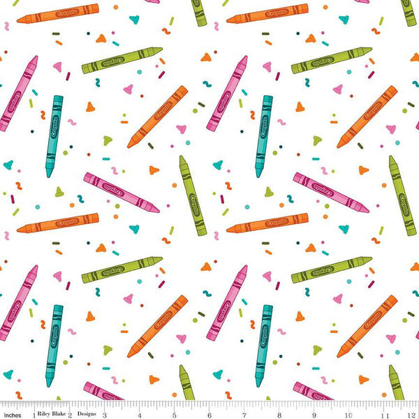 13" End of Bolt - Colors of Kindness Crayons C13681 White by Riley Blake Designs - Crayola Squiggles Dots Dashes - Quilting Cotton Fabric