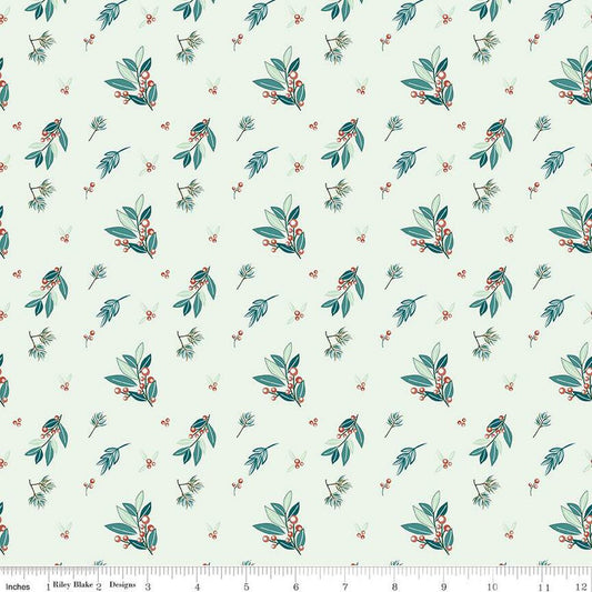 Arrival of Winter Branches C13521 Mist - Riley Blake Designs - Leaves Berries - Quilting Cotton Fabric