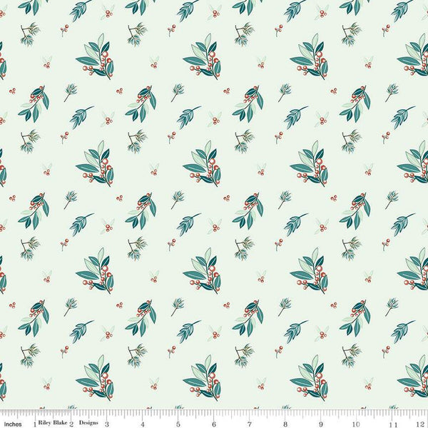 Arrival of Winter Branches C13521 Mist by Riley Blake Designs - Leaves Berries - Quilting Cotton Fabric