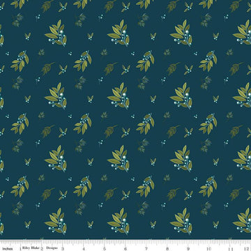 22" End of Bolt - Arrival of Winter Branches C13521 Navy by Riley Blake Designs - Leaves Berries - Quilting Cotton Fabric