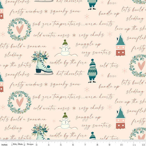 Arrival of Winter Text C13522 Blush by Riley Blake Designs - Icons Snowmen Wreaths Skates Houses - Quilting Cotton Fabric