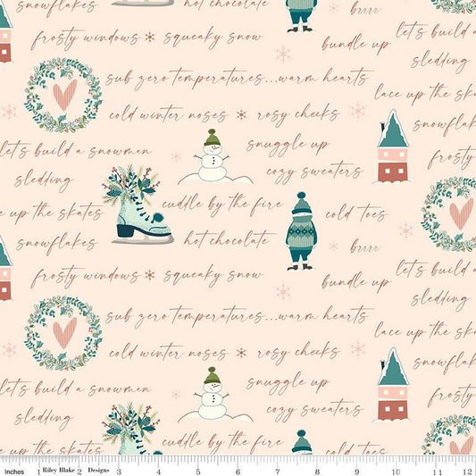 33" End of Bolt - Arrival of Winter Text C13522 Blush by Riley Blake Designs - Icons Snowmen Wreaths Skates Houses - Quilting Cotton Fabric