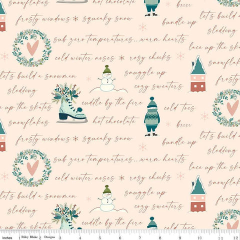 SALE Arrival of Winter Text C13522 Blush by Riley Blake Designs - Icons Snowmen Wreaths Skates Houses - Quilting Cotton Fabric