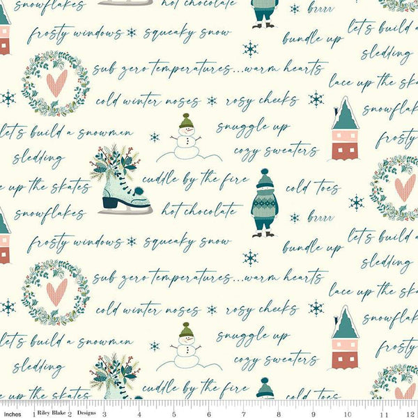 Arrival of Winter Text C13522 Cream by Riley Blake Designs - Icons Snowmen Wreaths Skates Houses - Quilting Cotton Fabric