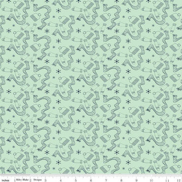 DEAL Arrival of Winter Gear C13523 Mint - Riley Blake Designs - Scarves Hats Mittens Snowflakes - Quilting Cotton Fabric