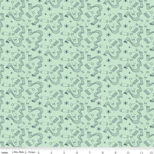 DEAL Arrival of Winter Gear C13523 Mint - Riley Blake Designs - Scarves Hats Mittens Snowflakes - Quilting Cotton Fabric