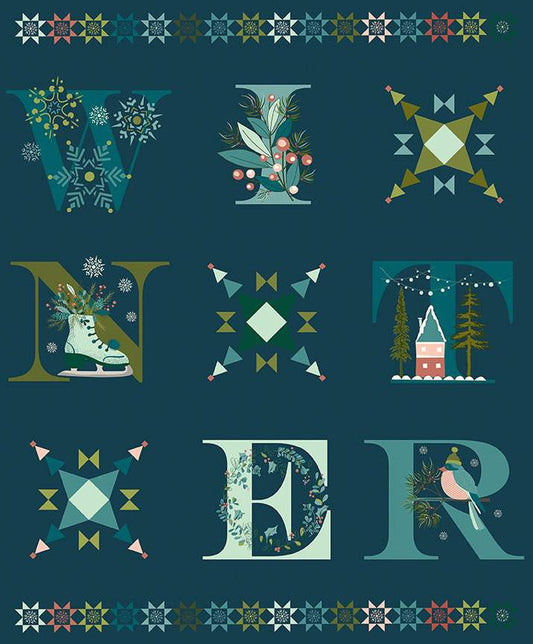 DEAL Arrival of Winter Panel P13529 Navy - Riley Blake Designs - Letters Icons Snowflakes Skates Bird House  - Quilting Cotton Fabric