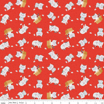 CLEARANCE Pets Cats C13652 Red - Riley Blake Designs - Children's Cat Kittens Clouds Stars Hearts Arrows Circles  - Quilting Cotton Fabric