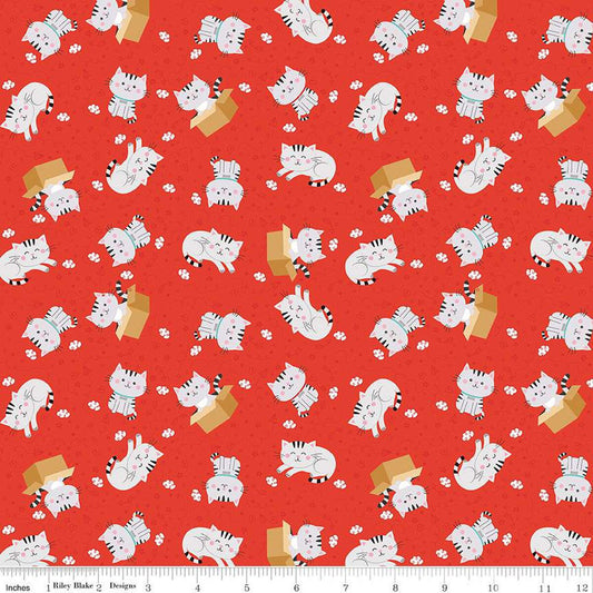 CLEARANCE Pets Cats C13652 Red - Riley Blake Designs - Children's Cat Kittens Clouds Stars Hearts Arrows Circles  - Quilting Cotton Fabric