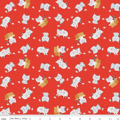 Pets Cats C13652 Red - Riley Blake Designs - Children's Cat Kittens Clouds Stars Hearts Arrows Circles  - Quilting Cotton Fabric