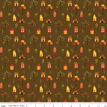 SALE Fall's in Town Village C13512 Brown - Riley Blake Designs - Thanksgiving Autumn Houses Trees Leaves Flowers - Quilting Cotton Fabric