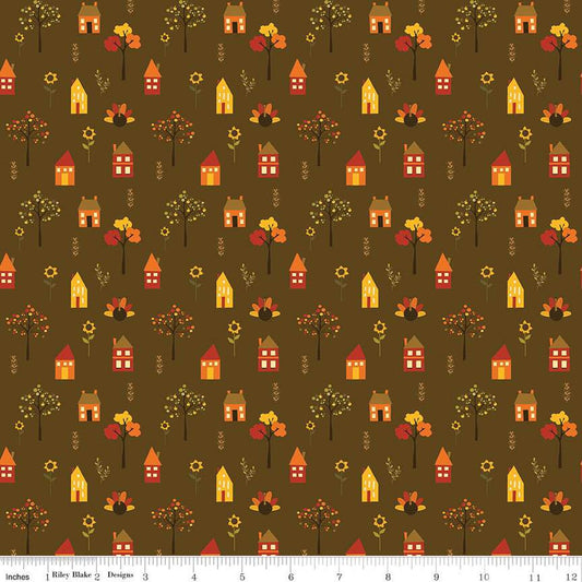 DEAL Fall's in Town Village C13512 Brown - Riley Blake Designs - Thanksgiving Autumn Houses Trees Leaves Flowers - Quilting Cotton Fabric