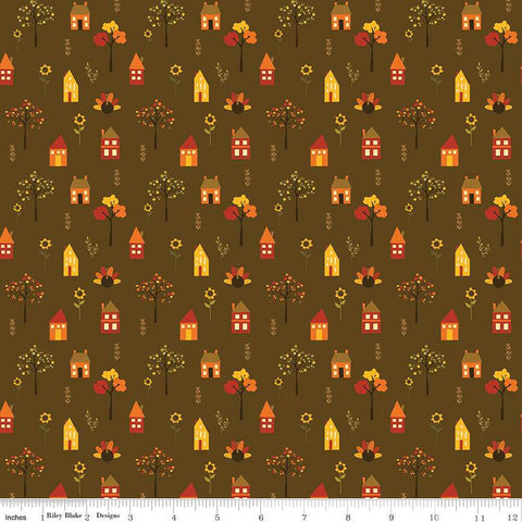 Fall's in Town Village C13512 Brown by Riley Blake Designs - Thanksgiving Autumn Houses Trees Leaves Flowers - Quilting Cotton Fabric