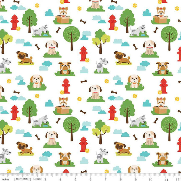 SALE Pets Dogs C13650 White - Riley Blake Designs - Children's Dogs Trees Clouds Balls Fire Hydrants Bones - Quilting Cotton Fabric