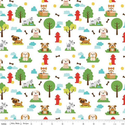 Pets Dogs C13650 White - Riley Blake Designs - Children's Dogs Trees Clouds Balls Fire Hydrants Bones - Quilting Cotton Fabric