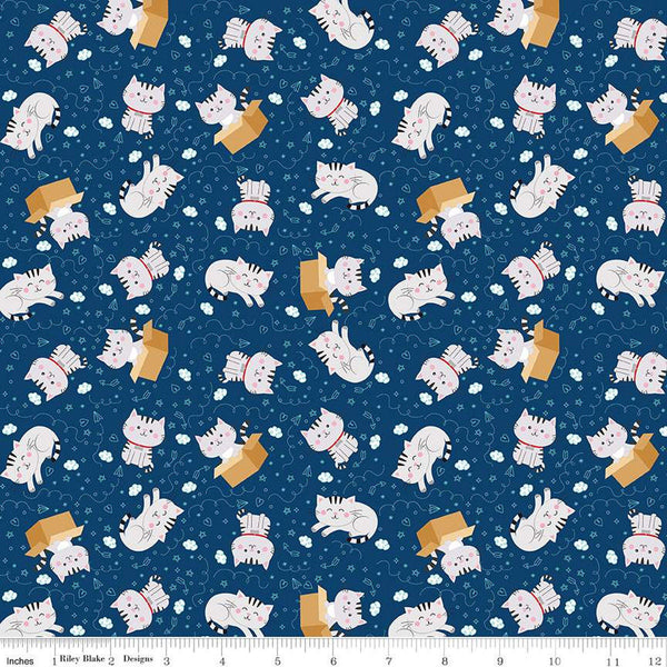 SALE Pets Cats C13652 Navy - Riley Blake Designs - Children's Cat Kittens Clouds Stars Hearts Arrows Circles  - Quilting Cotton Fabric