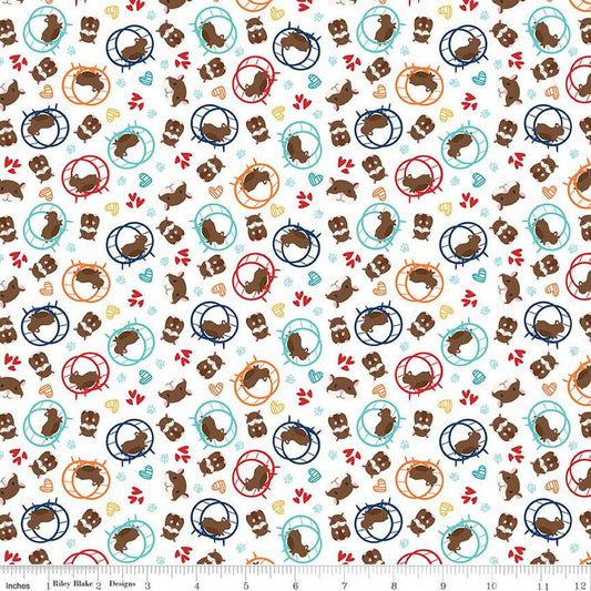 CLEARANCE Pets Hamsters C13654 White - Riley Blake Designs - Children's Hamster Hearts Paw Prints  - Quilting Cotton Fabric