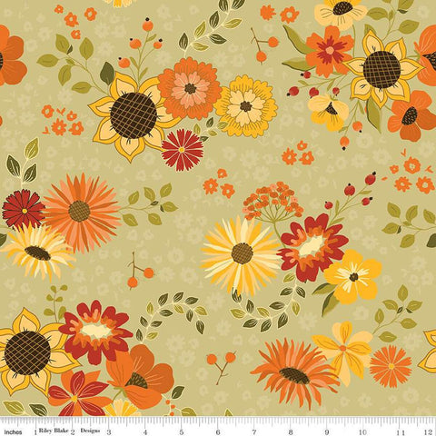 Fall's in Town Main C13510 Green - Riley Blake Designs - Thanksgiving Autumn Floral Flowers - Quilting Cotton Fabric