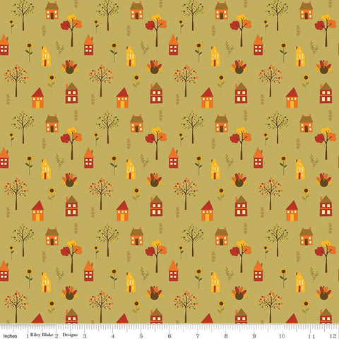 CLEARANCE Fall's in Town Village C13512 Green by Riley Blake  - Thanksgiving Autumn Houses Trees Leaves Flowers - Quilting Cotton