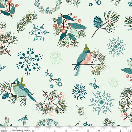 Arrival of Winter Main C13520 Mist - Riley Blake Designs - Snowflakes Birds Wreaths Pinecones Berries - Quilting Cotton Fabric