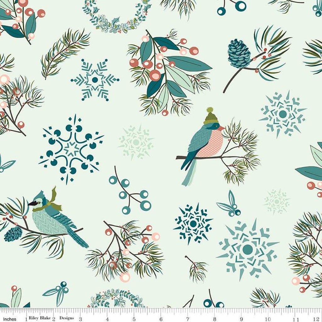 Arrival of Winter Main C13520 Mist by Riley Blake Designs - Snowflakes Birds Wreaths Pinecones Berries - Quilting Cotton Fabric
