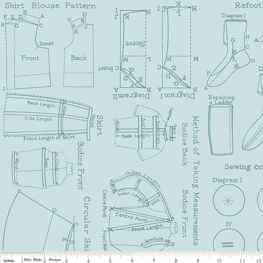CLEARANCE Sew Journal Needlecraft C13896 Blue - Riley Blake Designs - Outlined Pattern Pieces - J. Wecker Frisch - Quilting Cotton Fabric